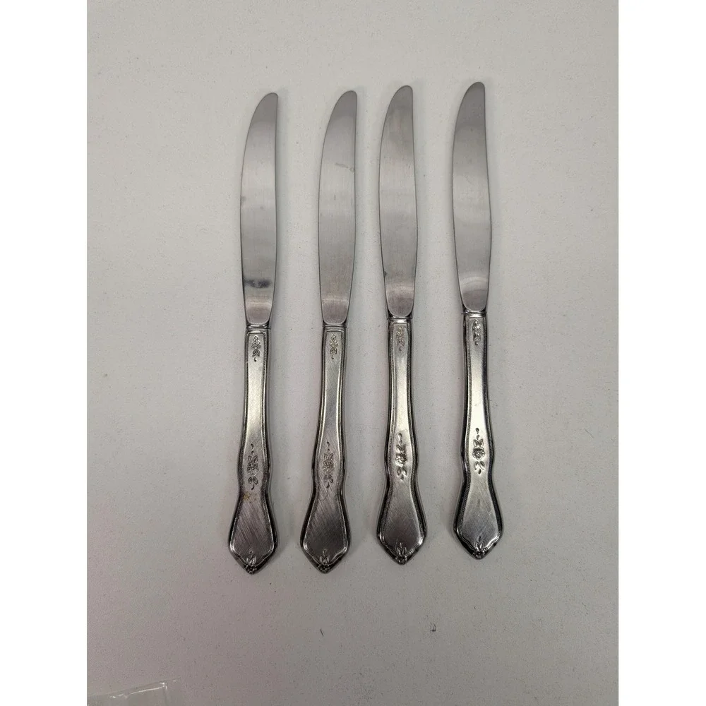 Set Of‎ 4 Silver Floral Handle Dinner Knives Brushed Flatware Table Utensils